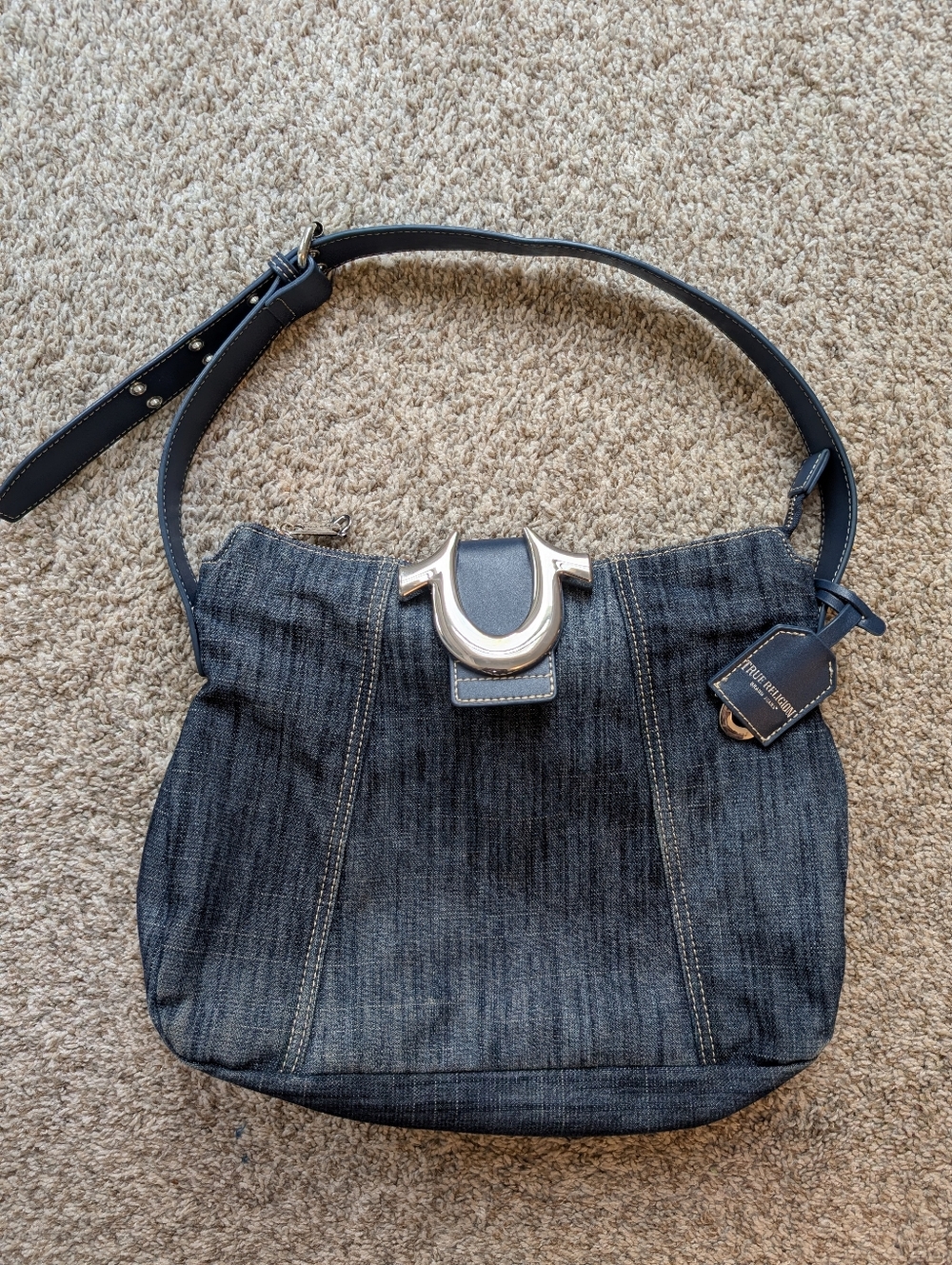True Religion Dark Denim Hobo Shoulder Bag with Silver Horseshoe Hardware